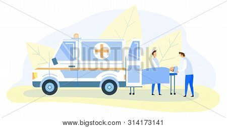 Cartoon Emergency Doctors Paramedics Transporting Victim On Medical Stretcher To Hospital. Flat Mode