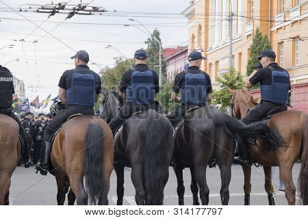 Kyiv, Ukraine - June 23, 2019. Mounted Police On The Road In The City