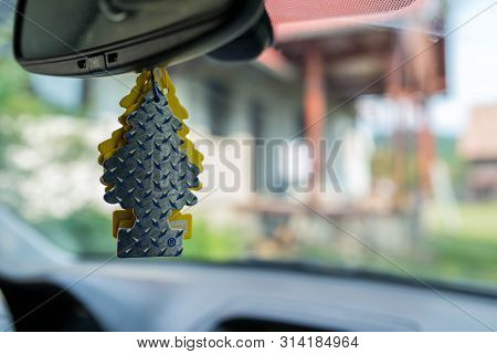 Miercurea Ciuc, Romania- 29 July 2019: Hanging Pure Steel Wunder Baum Air Freshener On Car Interior.