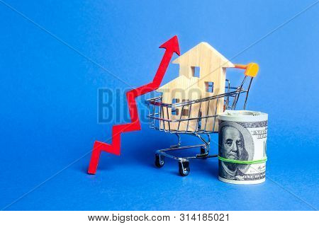 Two Wooden Houses In A Trading Cart And Red Arrow Up And Money Bundle. Increasing Cost And Liquidity