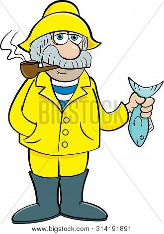 Cartoon Illustration Of An Old Sea Captain Holding A Fish.