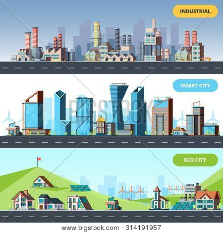 Town Flat. Ecology Industrial Smart City Architectural Objects Different Buildings Factory Vector Ho