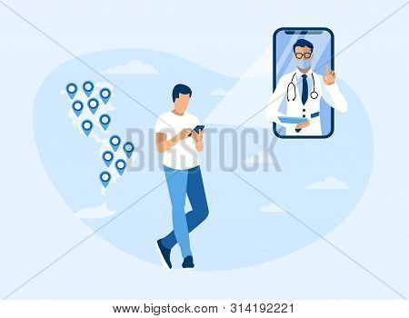 Online Doctor Consultation Throughout Americas Advertisement. Cartoon Man Using Mobile Application. 