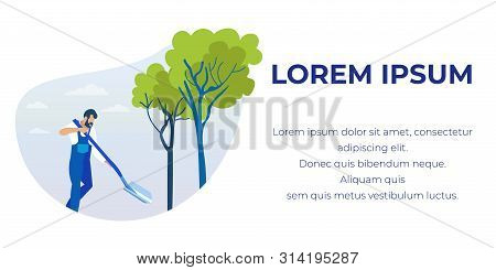 Flat Cartoon Male Gardener Character In Worksuit Working, Digging By Shovel. Tree Planting. Work In 