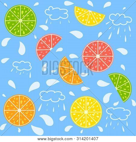 Set Of Colored Isolated Apetitic Fruit Slices On A Blue Background. Juicy, Bright, Delicious Tropica