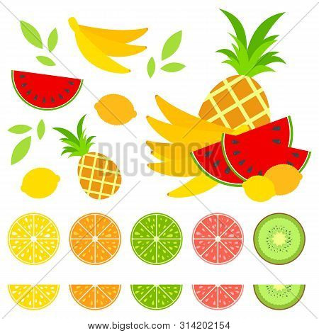 A Set Of Colored Isolated Halves Of Mouth-watering Fruits. Juicy, Bright, Delicious Tropical Food. L