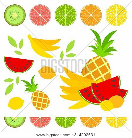A Set Of Colored Isolated Halves Of Mouth-watering Fruits. Juicy, Bright, Delicious Tropical Food. L