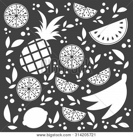 Set Of White Silhouettes Of Isolated Apetitic Fruits On A Black Background. Juicy, Delicious Tropica
