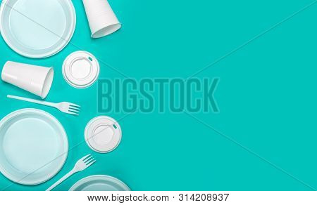Flat Lay Composition Disposable Plastic Tableware. Plastic Processing Problem