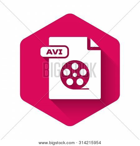 White Avi File Document. Download Avi Button Icon Isolated With Long Shadow. Avi File Symbol. Pink H