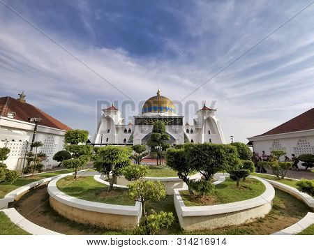 Malacca, Malaysia - June 24, 2019: Beautiful Architecture Building Of Straits Mosque Or Masjid Selat