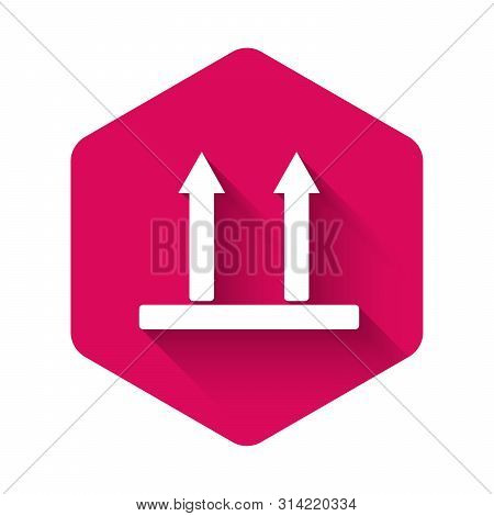 White This Side Up Icon Isolated With Long Shadow. Two Arrows Indicating Top Side Of Packaging. Carg