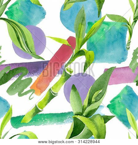 Bamboo Green Leaves. Watercolor Background Illustration Set. Seamless Background Pattern.