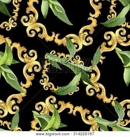 Bamboo Green Leaves. Watercolor Background Illustration Set. Seamless Background Pattern.
