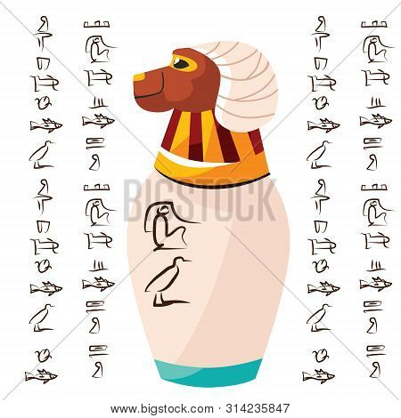 Ancient Egyptian Ritual Vase With Ram Head And Hieroglyphs Cartoons Vector Illustration. Decorative 