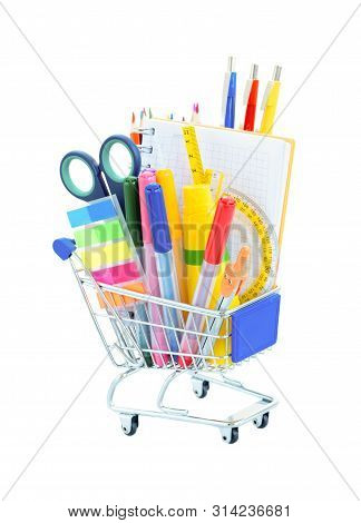 School Supplies In Cart Isoltaed On White Background