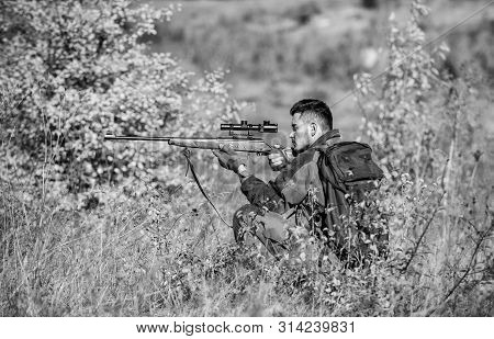 Hunting Permit. Hunting Equipment For Professionals. Hunting Is Brutal Masculine Hobby. Bearded Seri