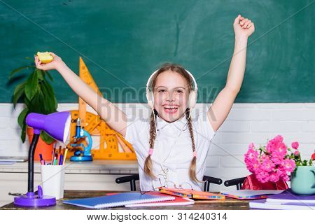 Fruit Diet. Back To School. Einstein. Small Genius Child In Classroom. Lunch Time. Small Girl Ready 