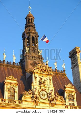 Paris, France. City Hall Fragment With National Flag