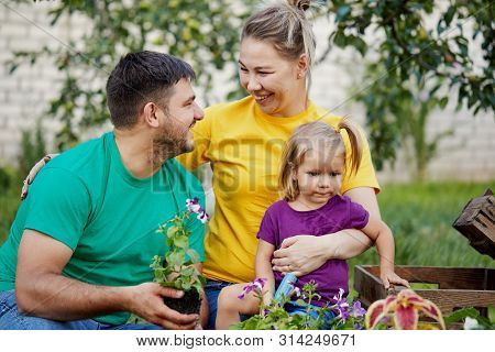 Happy Family Gardening Together And Taking Care Of Nature. Plant Sprouts And Fertilize The Ground. M