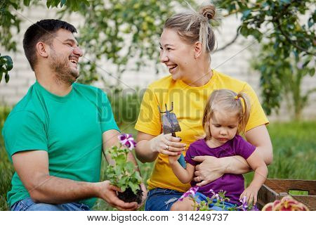 Happy Family Gardening Together And Taking Care Of Nature. Plant Sprouts And Fertilize The Ground. M