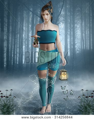 Beautiful Elf Walking In A Glade With Lantern And Little Elf In Her Hands - 3d Illustration