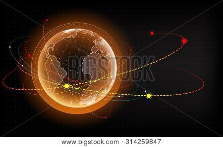 Earth Hologram With Satellite. Artificial Satellite Around The Earth. Earth Impact Monitoring. 3d Il