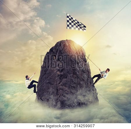 Businessmen Try To Reach The Goal. Difficult Career And Conpetition Concept.