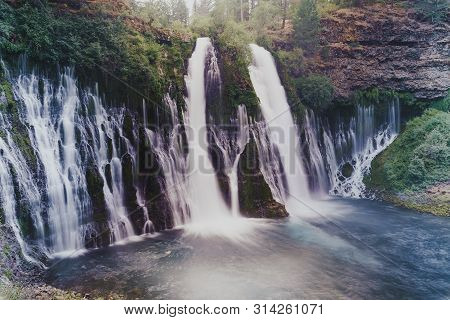Mcarthur Burney Falls In California - Wide Angle, Artistic Effect With Long Exposure