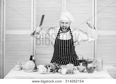 Sharp Knife Professional Tool. Chef Choose Professional Tools. Chef Hold Cleaver Knife Tool Ready To
