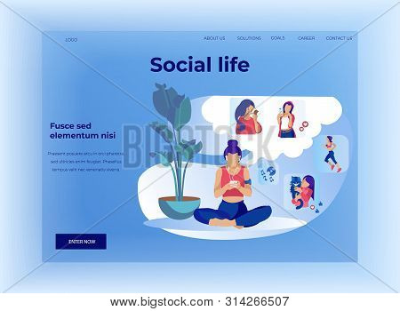 Lading Page Offering Application For Analyzing Social Life. Flat Cartoon Woman In Headphones Sharing