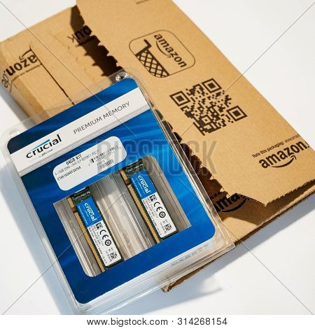 Paris, France - Jun 17, 2017: View From Above Of Unboxing Process Of New Crucial Premium Memory For 