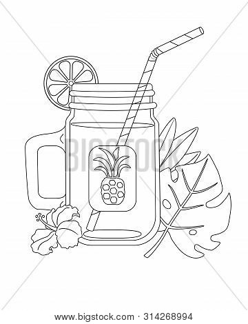 Fresh Juice Of Tropical Fruits In A Glass Bottle With A Tube For Drinking. The Ware For Drinks Decor