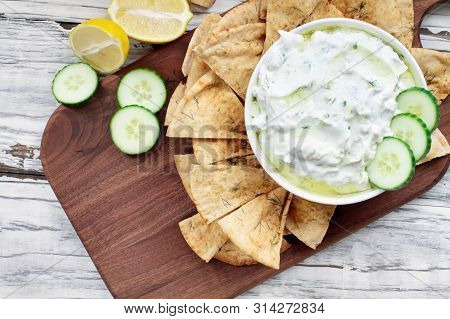Overhead Of Greek Tzatziki Dip And Za'atar Pita