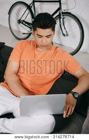 Concentrated Asuan Man Using Laptop While Sitting On Sofa At Home