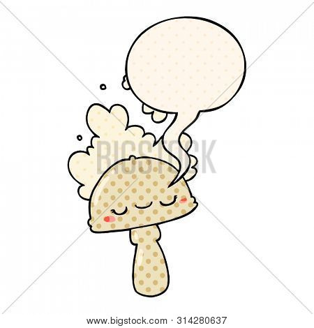 cartoon mushroom with spoor cloud with speech bubble in comic book style