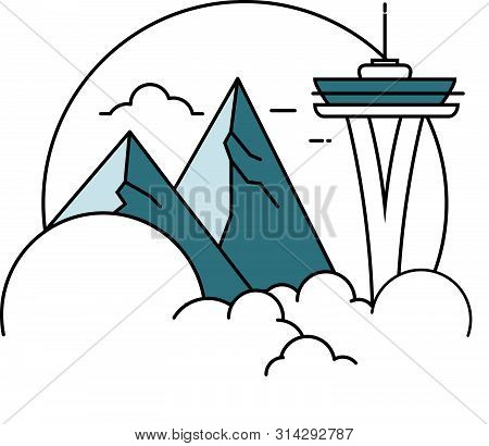 Mountain And Sky Tower Line Vector Illustration