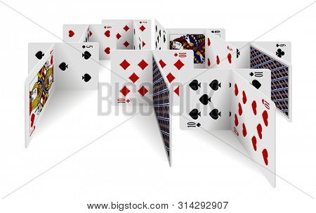 A small maze of playing cards in perspective isolated on white. Original design in three dimensional style