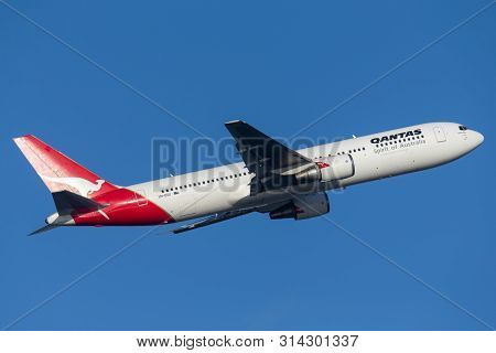 Sydney, Australia - October 7, 2013: Qantas Boeing 767 Airliner Taking Off From Sydney Airport.