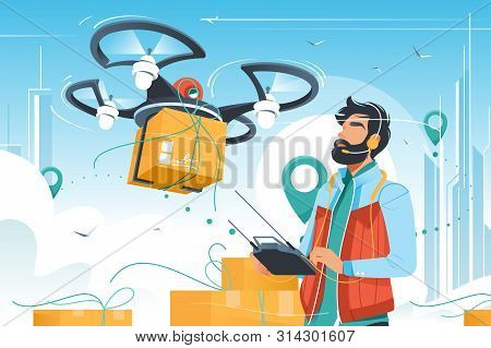 Young Handsome Man With Beard Controls Drone Delivery With Wireless Remote. Concept Male Employee Ch