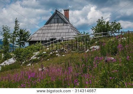 Velika Planina, Slovenia - July 16, 2019: Traditional Wooden House With Wild Flowers In Velika Plani