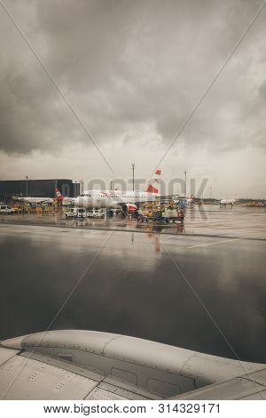 Vienna, Austria - July 12, 2019: Flughafen Wien-schwechat Or Vienna Airport From The Board Of A Newl