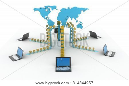 3d Rendered Data Transfering On A White Background
