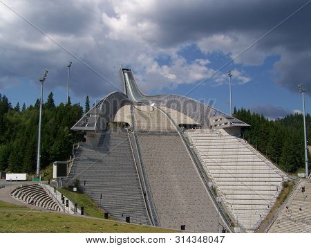 Oslo, Norway, 07/19/2019: Ski Jump In Holmenkollen. Summer Day