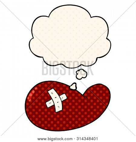 cartoon injured gall bladder with thought bubble in comic book style