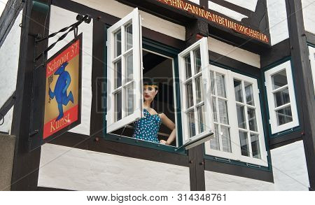Bremen, Germany - 07 23 2015 - View Of Windows Of House In Medieval Street Schnoor In The Centre Of 