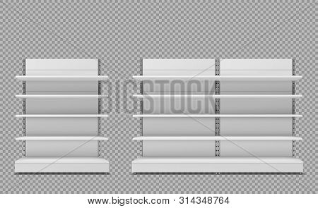 Store Shelves, Empty Retail Supermarket Rack For Products Set Isolated On Transparent Background. Wh