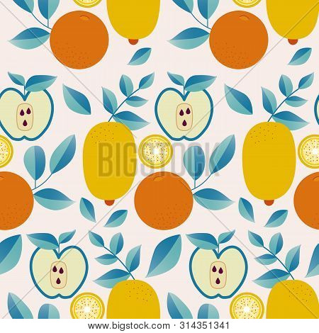 Lemon, Oranges And Apples In A Autumn Pattern Design