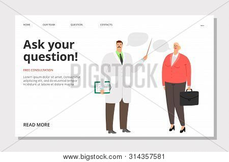 Medicine Landing Page. Ask Doctor, Free Consultation Banner Template. Vector Doctor And Patient