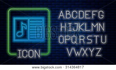 Glowing Neon Music Book With Note Icon Isolated On Brick Wall Background. Music Sheet With Note Stav